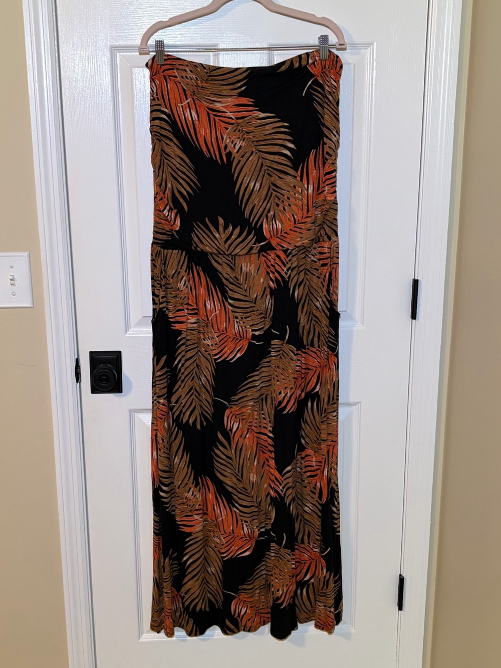 Tropical Palm Print Strapless Maxi Dress - Black with Rust & Olive